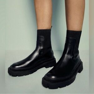 Mango Black Leather Sock Ankle Boots